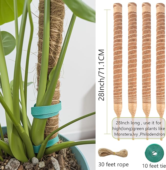 4 Pack Bendable Moss Pole 28 Inch, Monstera Plant Support Stake,Coco Coir Pole Sticks for Indoor Plants,Climbing Potted Plants，Pothos, Philodendron with Plants Ties