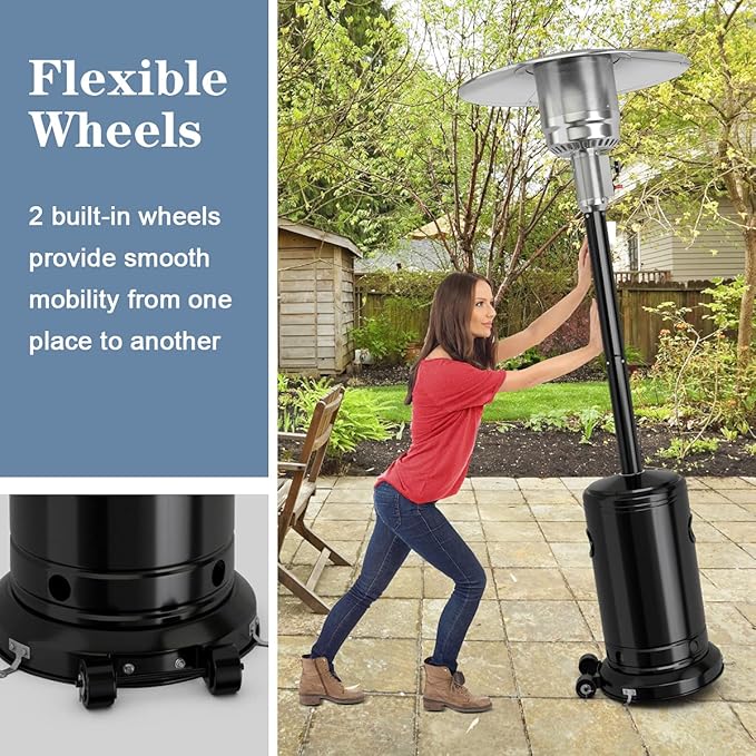 COSTWAY Outdoor Patio Heater, 50000 BTU Propane Heater with Stainless Steel Burner and Wheels, Triple Protection System, Standing Portable Outside Heater for Porch, Deck, Home and Commercial, Black