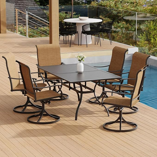 7-Piece Outdoor Dining Set, 6 Swivel Chairs＆63.5‘’ Rectangular Table All Weather Frame Furniture Set - Brown Style1