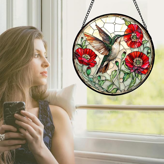 Stained Glass Window Hanging - Green Hummingbird Red Flower Suncatcher for Door Terrace Garden Home Decor Bird Landscape Sun Catcher Birthday Gifts for Lovers Women Men Dad Mom Nana 7.8 in