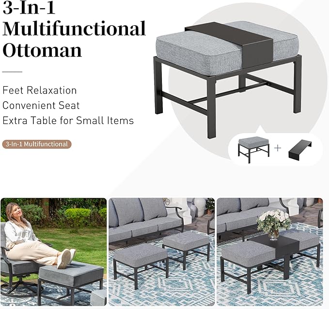 7 Piece Metal Outdoor Patio Furniture Set, Patio Conversation Sets 1 3-seater Sofa, 2 Fixed Chairs, 2 Swivel Chairs, 2 Ottomans with 5.75" Thick Cushion, Black Backyard Furniture, Gray