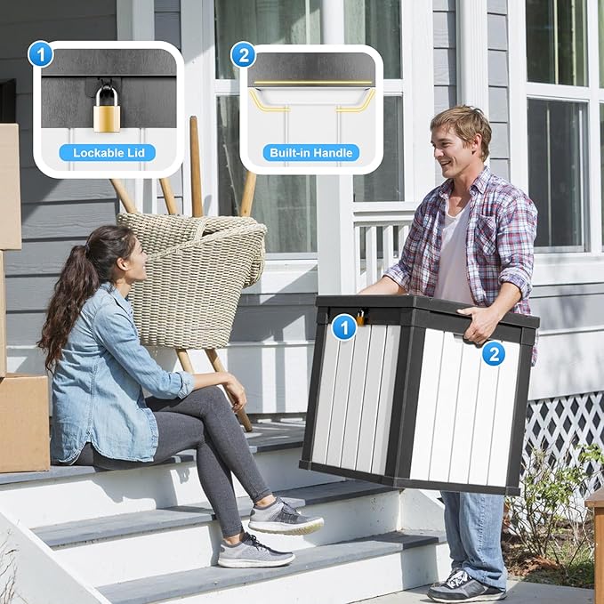 ROJIK 50 Gallon Outdoor Storage Housing Deck Box,Waterproof Patio Furniture, Garden Tools, Cushions, Pool Accessories Storage Bench with Lockable Lid and Side Handles(Black&White)