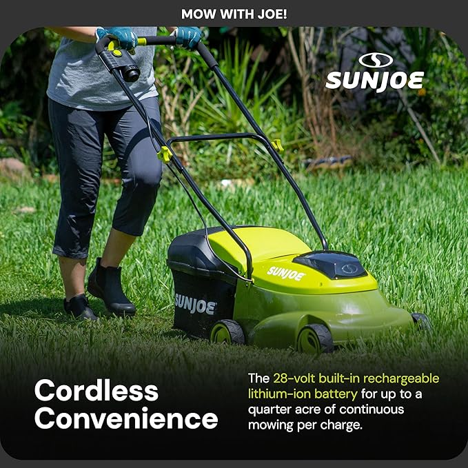 Sun Joe Cordless Lawn Mower, 28V Brushless Motor, 14" Electric Walk Behind Grass Cutter with Safety Key, 10.6 Gal Grass Catcher, MJ401C-XR
