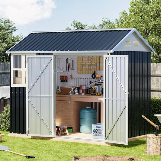 Breezz 6X8FT Outdoor Steel Storage Shed with Clear Window, Lockable Doors, Weather-Resistant Metal Tool Shed for Garden, Backyard, Patio, and Utility Storage.Nightblue