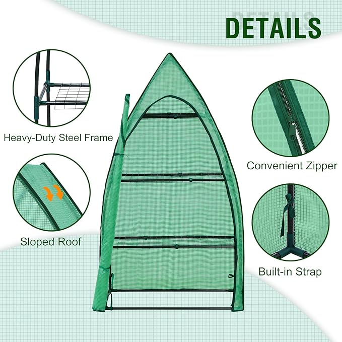 EAGLE PEAK Mini Greenhouse with Wire Shelves, Portable Indoor & Outdoor Green House with Roll-Up Zipper Door, 4 Tier, 35.4”x17.7”x63.0”, Clear/Green PE Cover