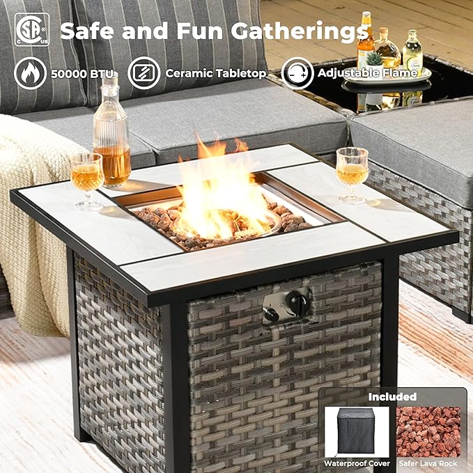 ovios 7 Pieces Patio Furniture Set, Outdoor Wicker Sectional Sofa with 30 Inch Fire Pit Table Comfy Cushions, Modern Modular Deep Seat Rattan Couch Conversation Set, Dark Gray Stripe