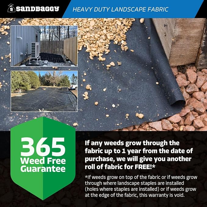 Sandbaggy 15 ft Heavy Duty Landscape Fabric | 50 Year Fabric | 6 oz Extra Thick Weed Barrier | Rock & Gravel Landscaping | UV Resistant | 365 Weed Free Guarantee (15 ft x 100 ft, 1, Count)