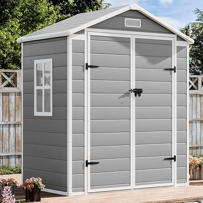 Outdoor Resin Storage Shed 6x3 FT Waterproof Sheds Kit with Floor Window Lockable Door Included, Outside Plastic Sheds for Backyard Garden Patio Lawn Tools