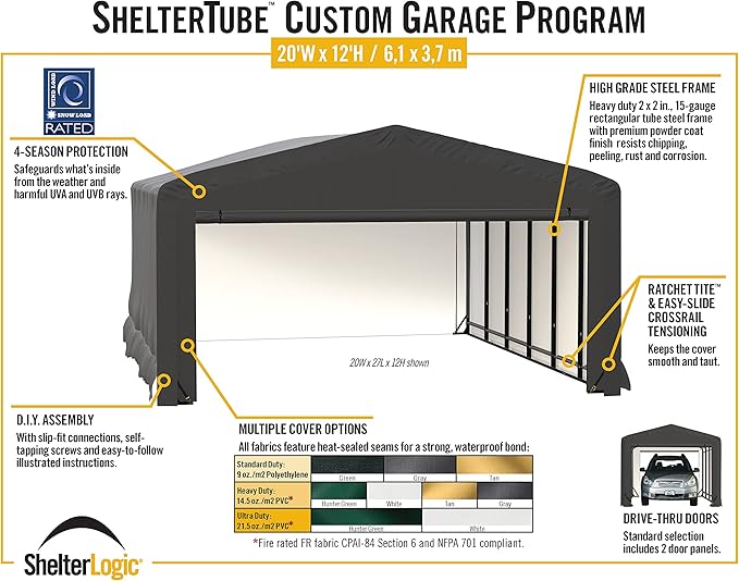 ShelterLogic ShelterTube Garage & Storage Shelter, 20' x 32' x 12' Heavy-Duty Steel Frame Wind and Snow-Load Rated Enclosure, Gray