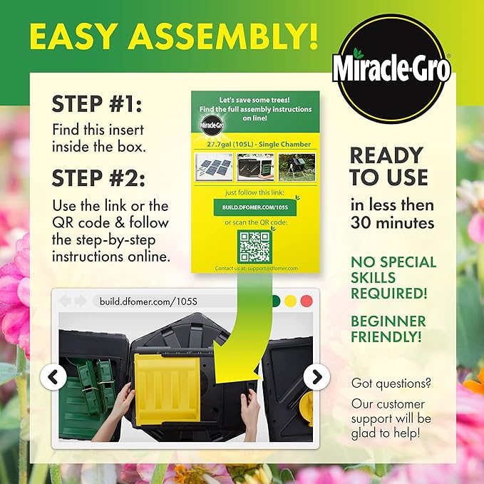 Miracle-Gro Compost Tumbler Single Chamber – Easy-Turn Composter Tumbler Outdoor for Fast Composting – Heavy-Duty Composting Bin with 1 Sliding Door (1 x 27.7 Gallon / 105 Liter)