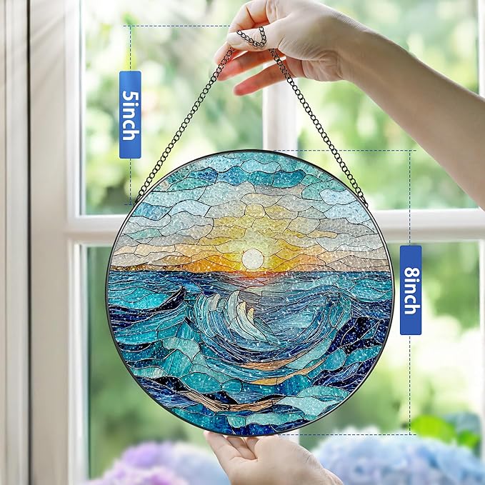Stained Glass Window Hanging, Pauyadu 8 Inch Beach Stained Glass Suncatcher, Window Decoration Hanging, Sunrise Lover Gift, Natural Gift, Beach Home Decor, Gifts for Family, Friends, Colleagues