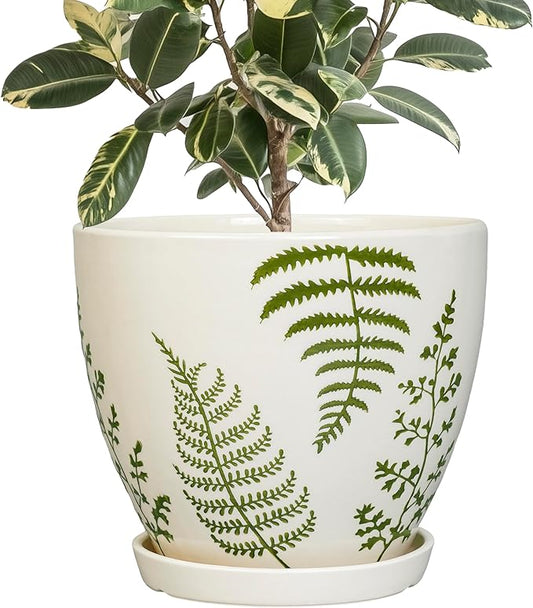 Ceramic Planter - 10 Inch Plant Pot for Outdoor Flowers with Drainage Hole and Saucer, Boho Round Decorative Indoor Flower Pot, Gifts for Plants Lovers, Home Patio Garden Room Decor, White