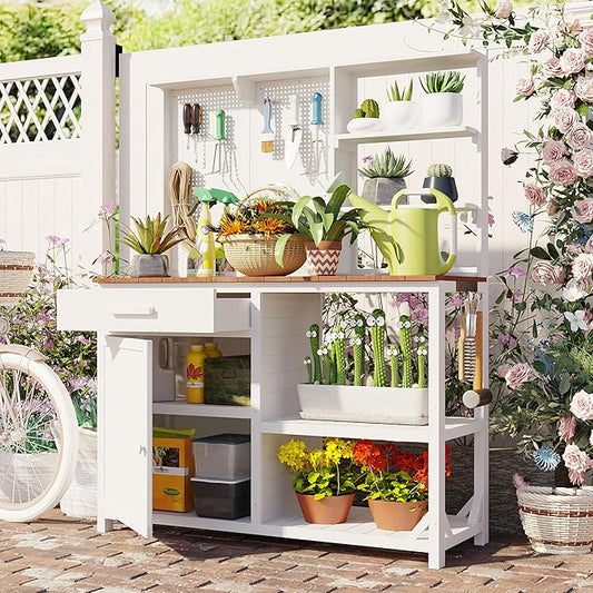 Fir Wood Potting Bench with Hutch - Outdoor Garden Workstation with 4 Shelves, Drawer & Adjustable Storage, 50.2" Countertop, & Pegboard (White + Wood + Rustic)