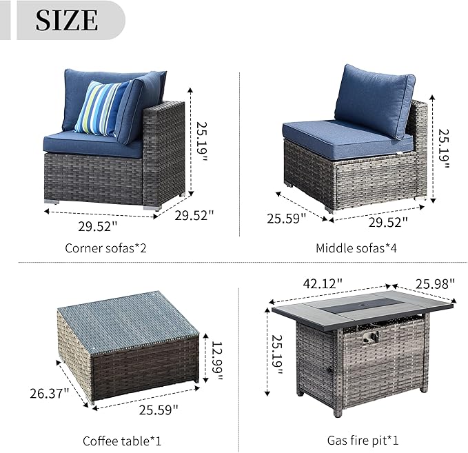 HOOOWOOO 8 Piece Patio Sectional Furniture Set with Fire Pit Table,Modern Wicker Outdoor Conversation Sofa Sets,Weather Resistant Modular L Shaped Outside Couch Set(Denime Blue)