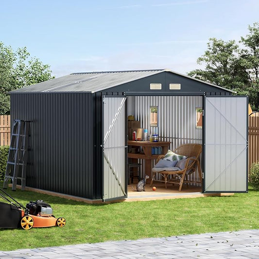 10x12 FT Outdoor Metal Storage Shed with Floor Frame, Double Swing Doors, 2 Clear Windows, Replaceable Skylight Roof Panel, Tool Shed for Garden, Patio, Backyard