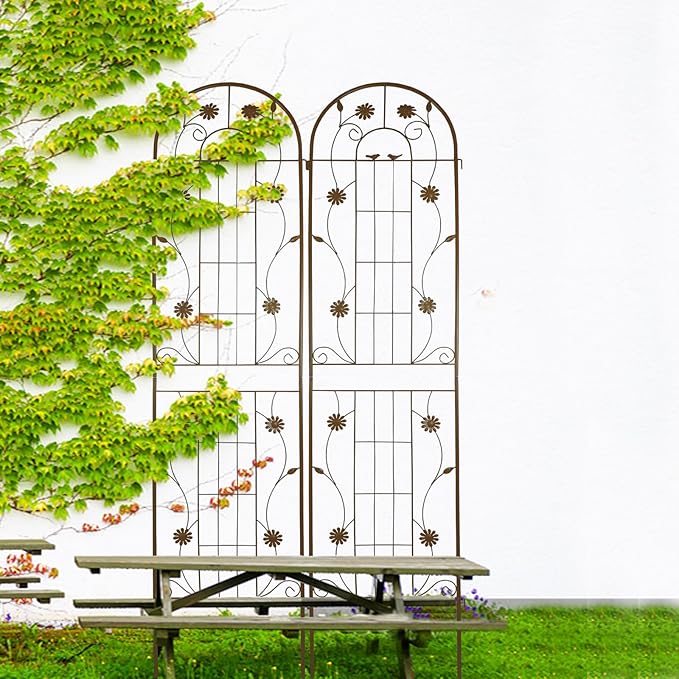 2 Pack Metal Garden Trellis for Climbing Plant Rose Stand, Brown Outdoor 86.7" Tall Flower Support Iron Garden Fence (Brown 86.7" H