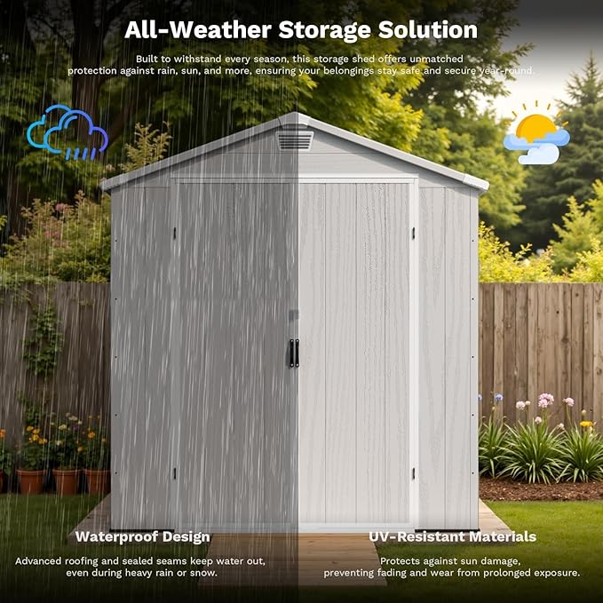 Patiowell 6 x 6 FT Outdoor Storage Shed with Lockable Door & Floor - Resin Garden Tool Shed with 2 Windows, Waterproof Easy Assembly for Backyard, Lawn Equipment, Patio Furniture Storage (Light Grey)