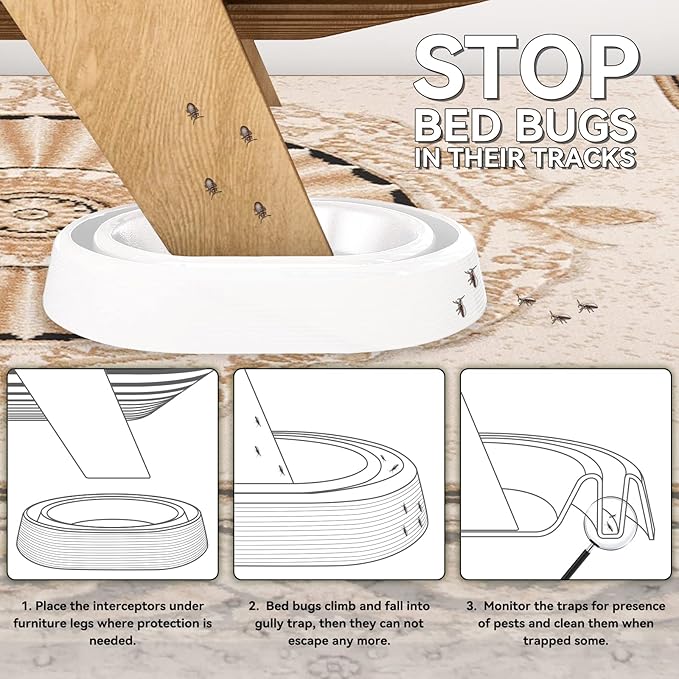Bed Bug Interceptors | Bed Bug Interceptor Traps | Insect Trap, Monitor, and Detector for Bed Legs (White - 12 pcs)