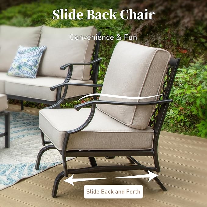 Patio Furniture Set with Firepit Table, Metal Outdoor Patio Furniture, 2 Rocking Chairs, 3 Seater Sofa, 2 Ottomans with 5.75" Extra Thick Cushion and Gas Firepit Table for Backyard