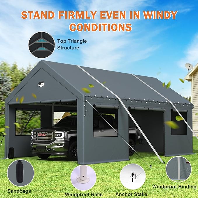 Carports 10X20 Heavy Duty，Portable Car Port Garage，Carport Canopy with Side Doors，Outdoor Car Shelter All Weather,Grey