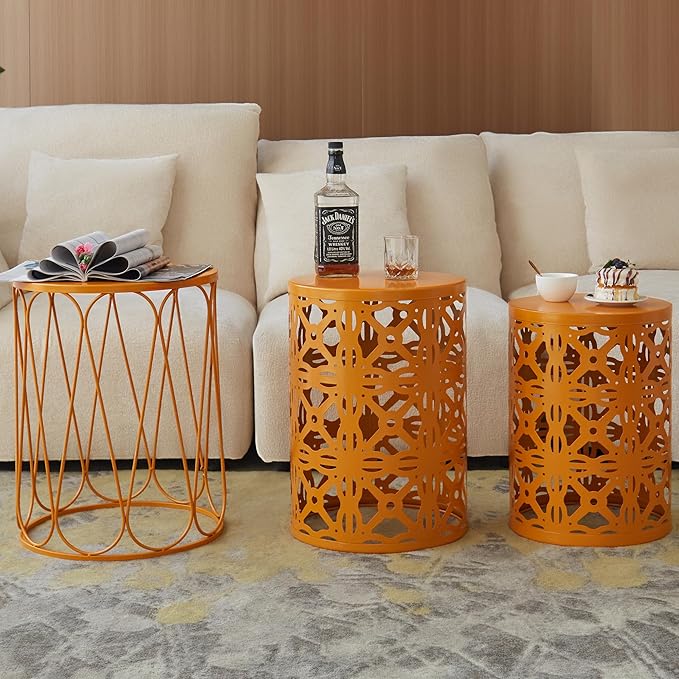Y&M Metal Round Table, Coffee Table End Patio Table for Indoor Outdoor Multifunctional Use, Heavy Duty Metal Plant Stand Decorative Garden Stool Set of 3 - Orange