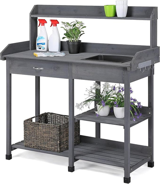 Yaheetech Outdoor Potting Bench Table Potters Benches Garden Workstation for Horticulture with Drawer/Adjustable Shelf Rack/Removable Sink/Hooks/Pads, Gray