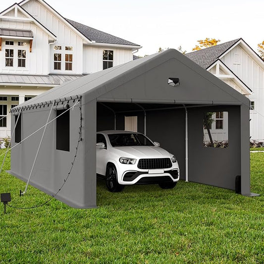 13x25 Carport, Heavy Duty Carport Canopy Garage with Removable Sidewalls and Drive Through Roll Up Zipper Doors, Grey