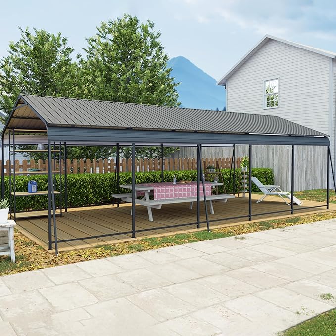 13x26.5 FT Metal Carport, Heavy Duty Car Port Canopy with Galvanized Steel Roof & Frame, Oversized Metal Carport Kit, Outdoor 2 Car Garage, Steel Car Shelter for Car, Boat, Truck, Charcoal