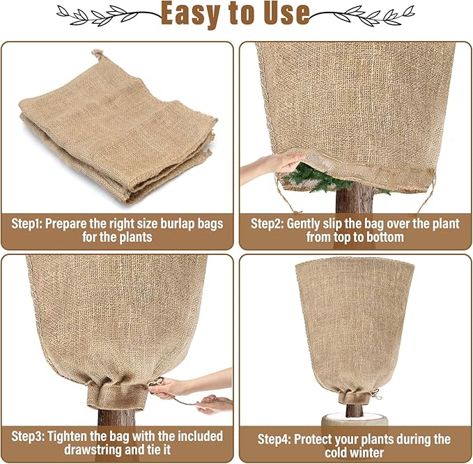 Riare 2 Packs 40 × 47 Inch Burlap Winter Plant Cover Bags with Drawstring- Reusable Large Burlap Sack Plant Frost Protector, Plant Frost Cloth Cold Tree Freeze Blanket for Outdoor Plants Shrubs Fruit