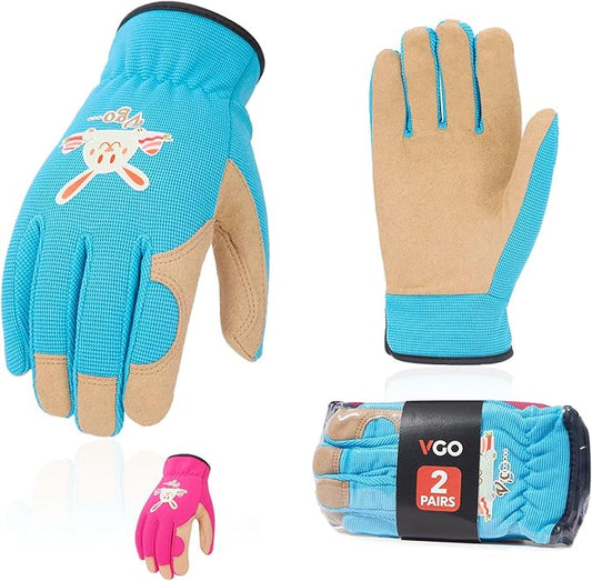 Vgo... 2Pairs Age 6-7 Kids Gardening, Lawning, Working Gloves(Size L, 2Colors, KID-SL7362)