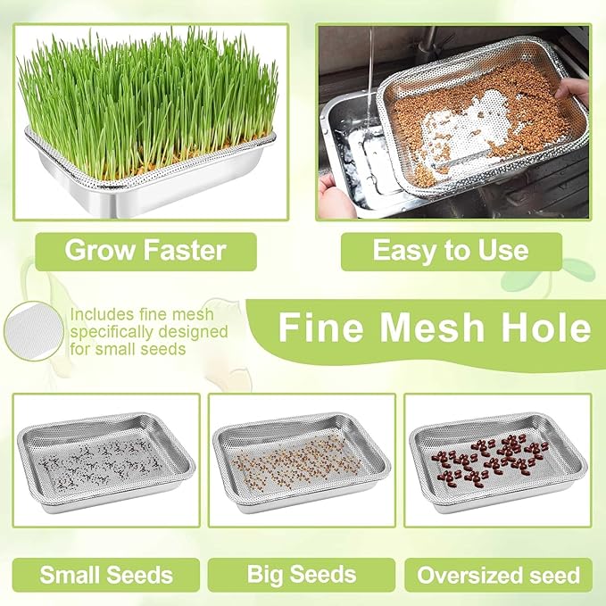 Stainless Steel Sprouts Growing Kit 2-Tier 12.4 inch Trays, Microgreens Growing Kit, Seed Sprouting Tray with Encrypted Mesh Sprouts for Beans Alfalfa Broccoli Wheat Grass