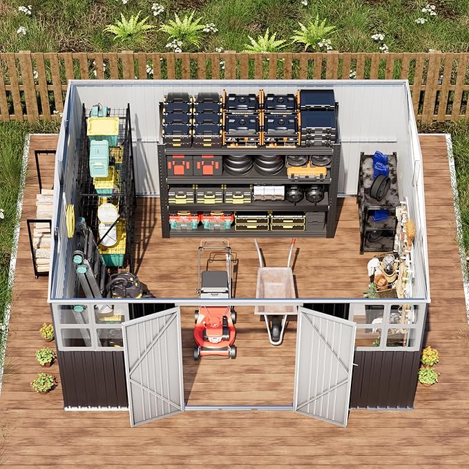 12x10 FT Metal Shed Heavy-Duty, Outdoor Storage Garden Sheds with Reinforced Steel Frame & Customizable Skylight, Weatherproof Galvanized Tool Tiny House for Backyard, Patio, and Lawn