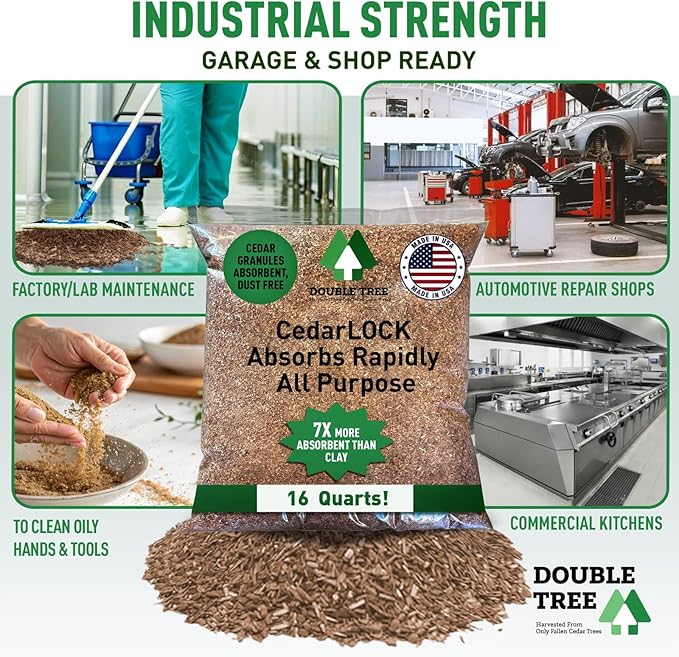 CedarLock Oil Absorbent – Nature’s Heavy-Duty Spill Solution Made from 100% Pure Incense Cedar, Oil Spill Kit Granules, Organic Granules, All-Purpose Oil Absorbent - (4 Bags 64 Quarts)