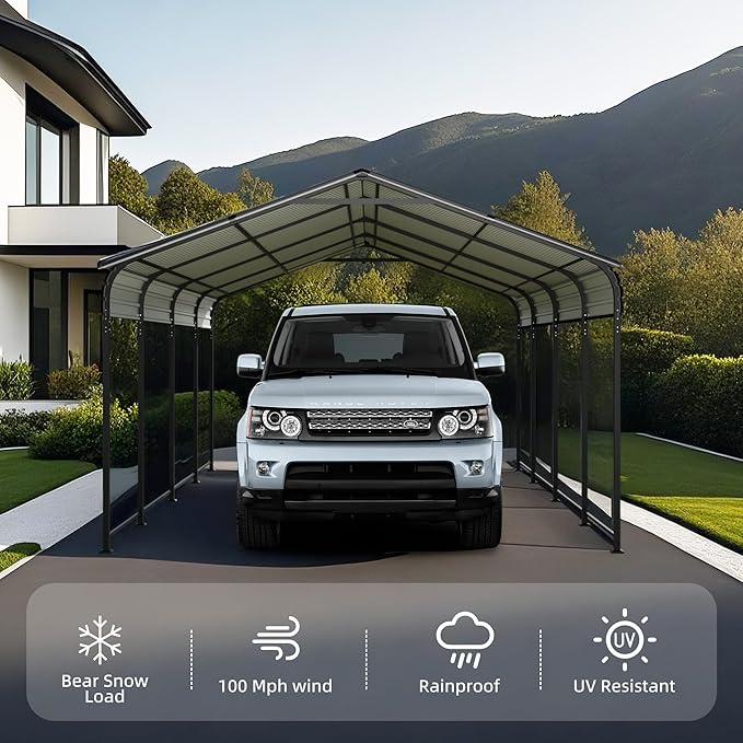 12x20 FT Heavy Duty Metal Carport, Outdoor Car Shelter with Galvanized Steel Roof and Reinforced Base, All-Weather Garage Canopy for Cars, Trucks, Boats, and More, Anthracite