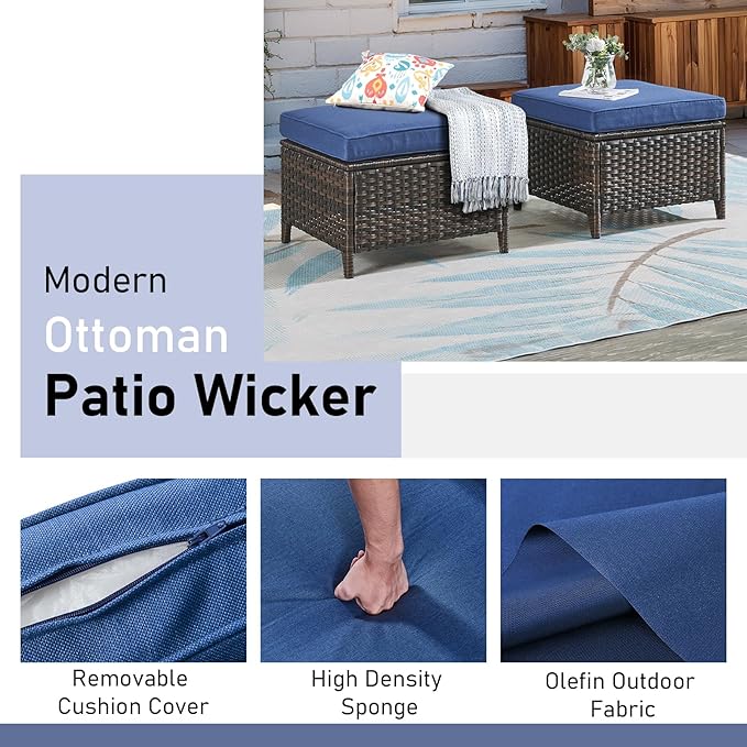 Wicker Outdoor Conversation Set-6 Pieces Outdoor Wicker High Back Couch with Swivel Rocker Chairs Patio Furniture for Deck Poolside Backyard-Brown/Blue