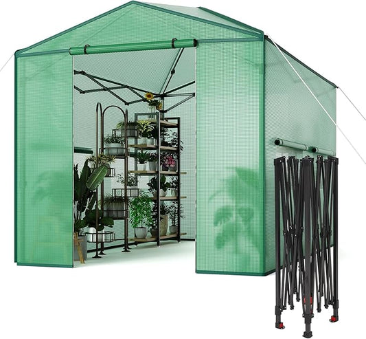 8 X 12 FT Portable Greenhouse for Indoor & Outdoor Plants, 96 X 144 Inches Durable PE Cover Pop-Up Green House Kit with Zippered Doors, Mesh Windows,Grow Tent for All Seasons - Easy to Assemble,Green