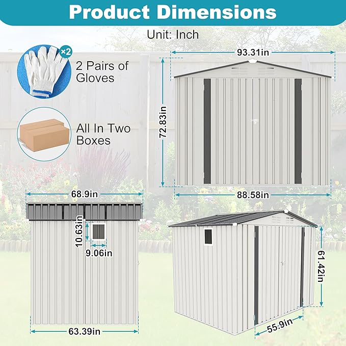 8x6 FT Outdoor Metal Storage Shed, Tool Shed with Peaked Roof and Lockable Door, Compact Garden Shed with Clear Window for Backyard Garden Patio Lawn, White+Gray