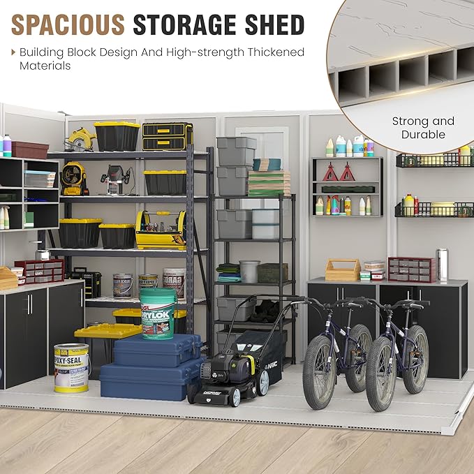 Outdoor Storage Shed, 8x10 FT Resin Shed with Floor and Lockable Door, Window & Vents, Tool Sheds and Outdoor Storage for Bike, Tools, Garden Accessories, Waterproof Sandstone