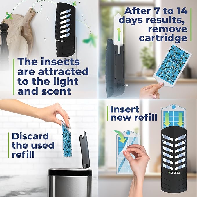 VEYOFLY Fruit Fly Traps for Indoors, Fly Trap Indoor, (4 Device + 12 Refills) Fly Catcher Indoor, Gnat Traps for House Indoor, Fly Trap, Plug in Light Flying Insect Trap, Bug Killer