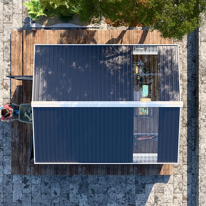 Restland 10x10 FT Outdoor Storage Shed with Floor Base Frame Reinforced Metal Shed with Clear Roof, Air Vent & Lockable Door Large Garden Tool Storage Sheds for Backyard, Garden, Lawn