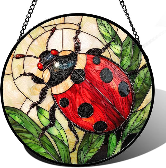Stained Glass Window Hanging - Red Seven-Spotted Ladybug Sun Catcher for Door Home Decor Insect Suncatcher Christmas Mother's Day Birthday Gifts for Women Men Mom Nana 9.8 in
