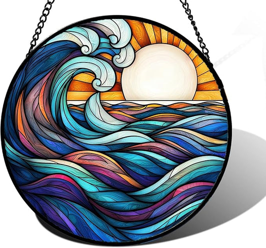 Stained Glass Window Hanging, Big Wave Sun Suncatcher Diamond Glass Panel Hangings Abstract Sun Catchers Decor for Birthday for Women, Men, Wife, Aunt, and Mom 7.8 in