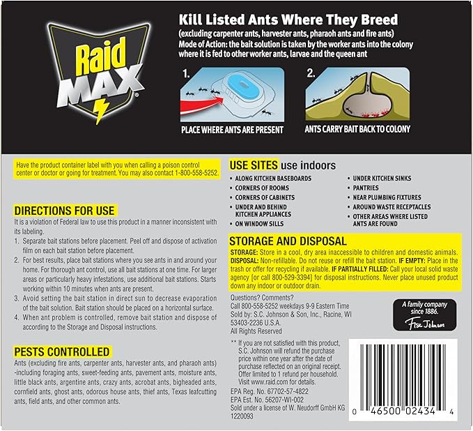 Raid Max Liquid Ant Bait; Kills Ants Where They Breed, for Indoor and Outdoor Use; 12 Bait Stations