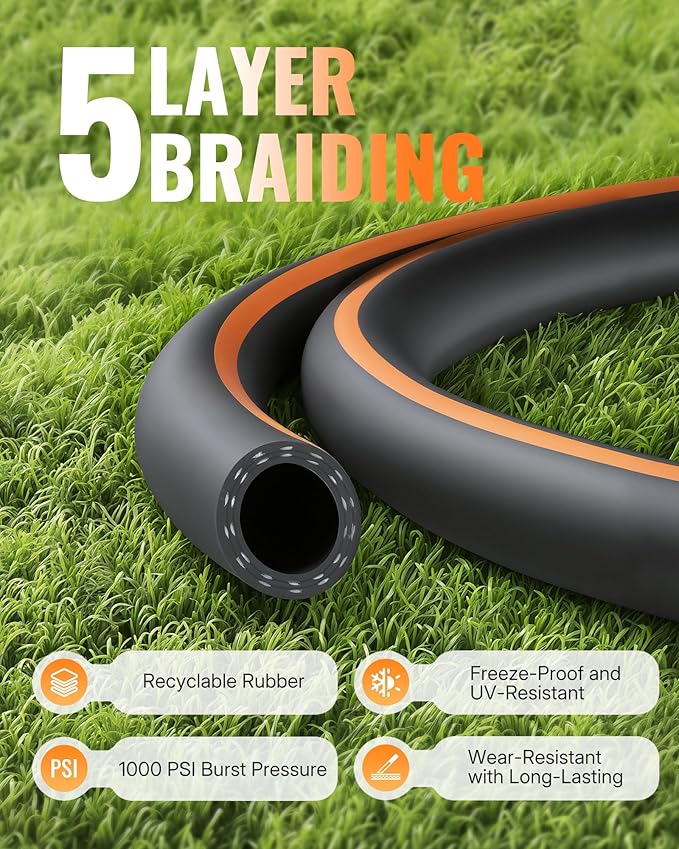 30FT x 5/8" Garden Hose, Heavy Duty Rubber Garden Water Hose, 300 PSI Working, 1000 PSI Burst, Swivel Handle with Stainless Steel Ring, 5-Layer Braided, All-Weather Outdoor Use, BG30GH06