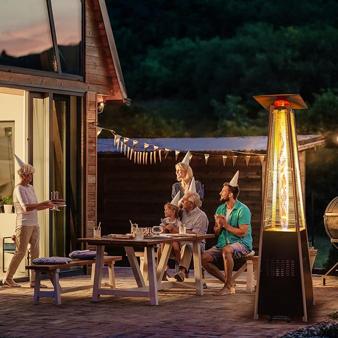 48,000 BTU Flame Pyramid Pool Heater, Triple Safety Protection with Patio Cover, Warm Glass Tube Portable Heater with Durable Wheels - Gray