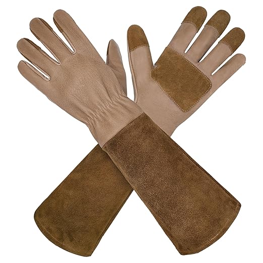 HLDD HANDLANDY Long Gardening Gloves, Pigskin Leather Thorn Proof Rose Pruning Glove for Men & Women, Breathable Work Gloves for Yard Work, Cactus, Bush, Blackberry, Great Gift for Gardener