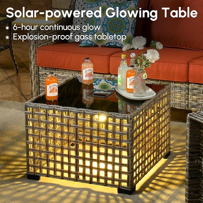 6 Pieces Patio Outdoor Furniture Set,All Weather Wicker Rattan Patio Seating Sofa and Chair Set w/Ottoman and Glowing Coffee Table,Outdoor Conversation Sets for Deck Yard Garden,Red