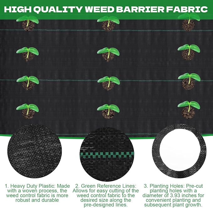 4 x 50ft Weed Barrier Fabric Heavy Duty Landscape Weed Blocker with 80 Holes, Large Weed Block Gardening Ground Cover Mat Weed Control Cloth with 10 U-Shaped Stakes and Gaskets, Black (2pcs,4x50ft)