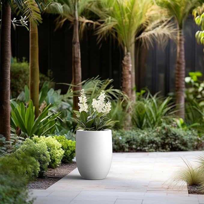 Kante 16.5 Inch Tall Concrete Planter, Large Indoor Outdoor Plant Pot with Drainage, Smooth White Finish with Aqua Blue Interior, Ideal for Porch, Home, Garden, Patio
