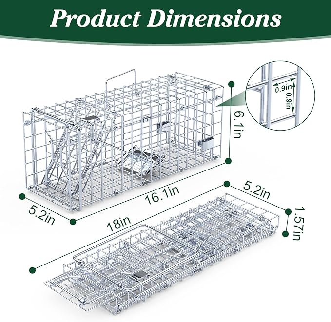 2 Pack Humane Rat Trap, Foldable Single Door Metal Mouse Cage with 2 L-Shaped Rods for Small Squirrel Raccoon Feral and Other Small Live Animals, Easy to Catch and Release, Work for Indoor Outdoor